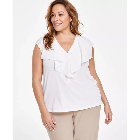 Kasper Women's Top Plus Sz 1X Size Solid Ruffled-Front V-Neck - Picture 1 of 3